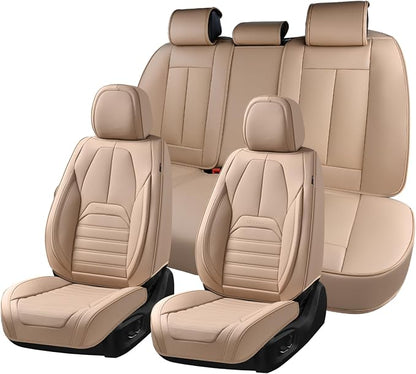Coverado Car Seat Covers Full Set, Beige Waterproof Nappa Leather Seat Cushion & Seat Protector, Universal Automotive Seat Covers for Front and Rear Seats, Compatible with Most Cars SUV Trucks