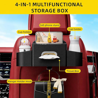 Back Seat Car Organizer with One Towel Leather Wood Materials Car Back Seat Storage Box 2 Drink Cup Holder Tissue Box for Hold Phone Drinks Handbag Compatible with Most Vehicles (Black)