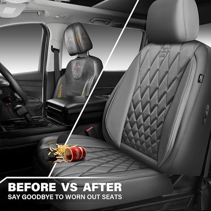 CAR PASS Piping Luxury PU Leather Two Front Car Seat Covers, Waterproof Anti Slip Seat Covers Compatible with Front Seat Armrests,Universal Fit for Suvs,Vans,Trucks,Airbag Compatible(All Gray)