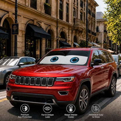 Car Windshield Sun Shade, Funny Cartoon Eyes Car Sun Shade, UV Heat Protection Windshield Cover Universal Fits Mid-Large Sedan SUV Crossover Family Vehicle - 63 x 31.5