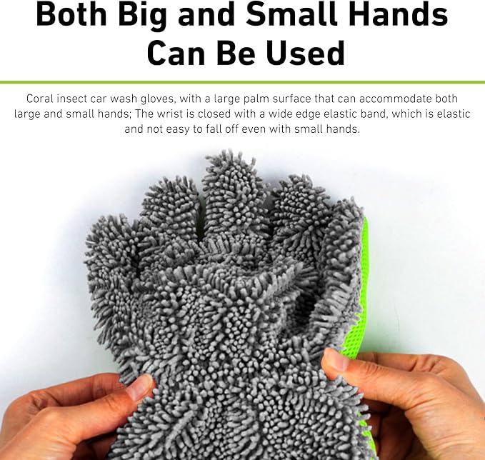 2 PCS Car Wash Mitts, 5-Finger Microfiber Scratch-Free Cleaning Gloves, Double-Sided Coral Velvet Car Interior Exterior Wash Gloves, Universal Cleaning Tool for Cars Families (Gray&Green)