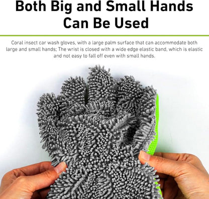 2 PCS Car Wash Mitts, 5-Finger Microfiber Scratch-Free Cleaning Gloves, Double-Sided Coral Velvet Car Interior Exterior Wash Gloves, Universal Cleaning Tool for Cars Families (Gray&Green)