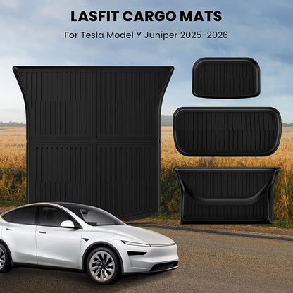 LASFIT 4PCS Front, Rear Trunk Mat & Cargo Mat for Tesla Model Y Juniper 2025 2026, Custom Fit TPE All Weather Cargo Liners Accessories (Not Fit Standard Range)