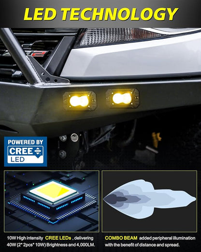 Amber Flush Mount LED Pods, AKD Part CREE LED Flush Bumper Lights 40W Spot Flood Combo Offroad Driving Light Amber LED Fog Chase Lights Pods for Trucks Pickup SUV UTV ATV