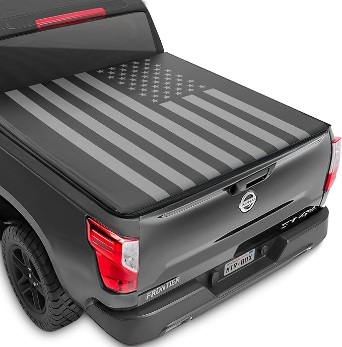 US Flag Truck Tonneau Cover for Nissan Frontier 2005-2026 5 ft Bed Length (Extra Short Bed), Soft Roll-Up All-Weather Retractable Truck Bed Cover with Black/Gray Flag