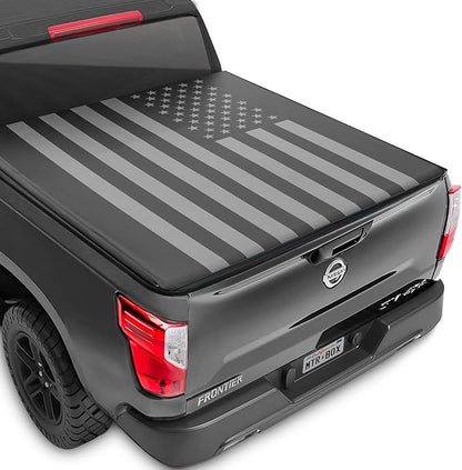 US Flag Truck Tonneau Cover for Nissan Frontier 2005-2026 5 ft Bed Length (Extra Short Bed), Soft Roll-Up All-Weather Retractable Truck Bed Cover with Black/Gray Flag