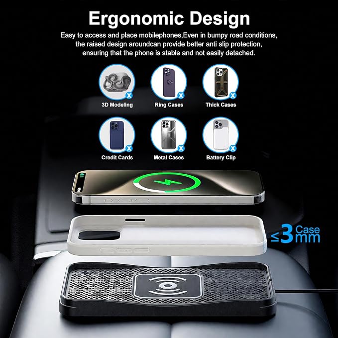 Car Wireless Charger Pad, 15W Fast Wireless Car Charger, Non-Slip Wireless Phone Charger Car Compatible with iPhone 17/16/15/14/13/12, Samsung and LG, Android Phones