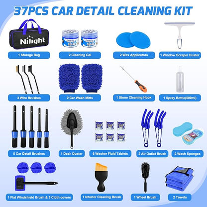 Nilight 37PCS Car Detailing Kit Auto Cleaning Tools Wash Set with Storage Carry Bag Home Use for Interior Exterior Deep Clean Car Care Windshield Dashboard Seat Air Vents Wheels Tires, Blue