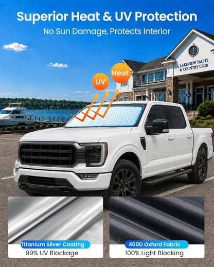 REEVAA Upgraded for Ford F150/F250/F350/F450 Windshield Sunshade [Tailored Fit, 99% Sun Protection] Foldable Sun Shade Car Accessories with Storage Bag