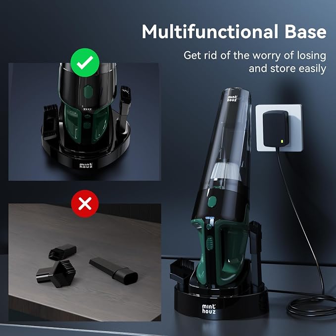 Minthouz Handheld Vacuum Cordless, Strong Suction Car Vacuum Cleaner with LED Light, Long Runtime Hand Vacuum Cordless Rechargeable, Hand Held Vac with Charging Base for Home/Car/Pet/Office
