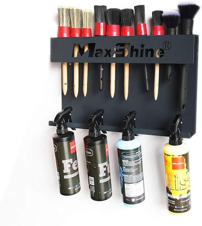 Maxshine Universal Brush & Trigger Bottle Holder – Wall-Mount Organizer Holds 10 Brushes & 6 Spray Bottles – Black Powder-Coated Metal Rack for Garage, Auto Detailing Shop & Car Care Storage