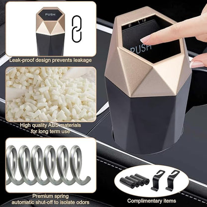 BFXM Car Trash Can, Car Trash Bin with Lid, Car Accessories for Women Interior, Car Garbage Can with Additional 2 ABS Hooks and 60pcs Trash Bags, Suitable for Home, Office, Car Organizer, Gold