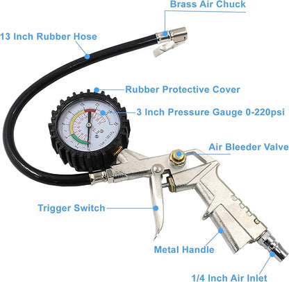 Tire Inflator with Pressure Gauge 0-220PSI Dial Wheel Air Tyre Pressure Meter Gauge with Rubber Hose for RV Car Motorcycle Bike