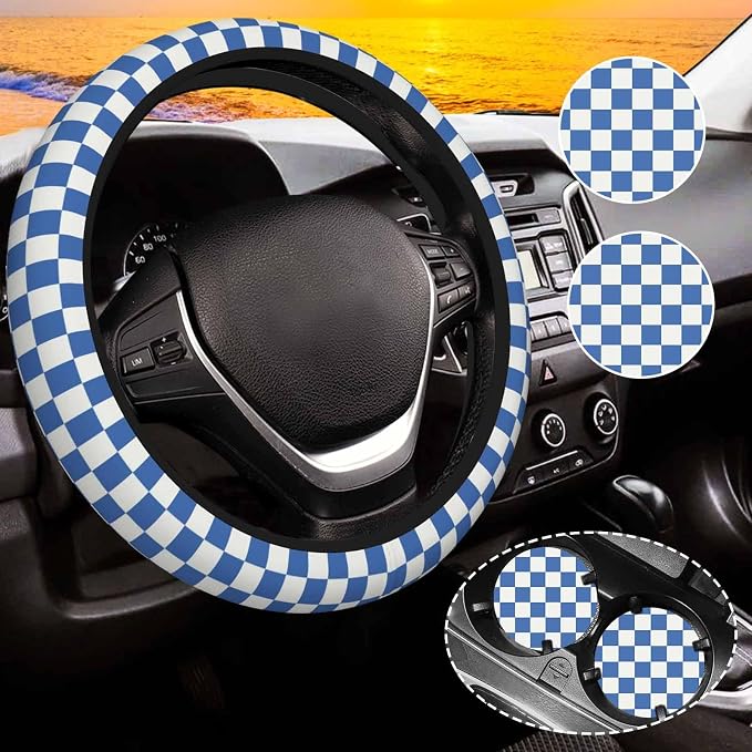 Blue Checkered Steering Wheel Cover for Women, Universal Auto Steering Wheel 14-15 Inch Car Interior Accessories with 2PCS Car Coasters, Suitable for Men and Women