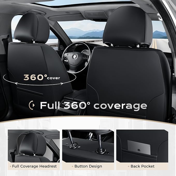 Coverado Car Seat Covers Full Set, 5 Seat Black Seat Cover for Cars, Luxury Faux Leather Waterproof Seat Cover, Front and Back Car Seat Protector, Universal Auto Seat Covers Fit for Most Cars