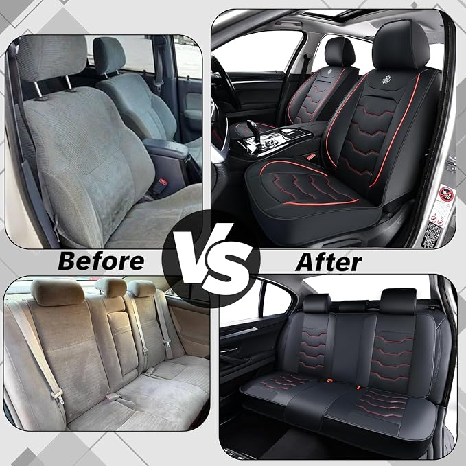 Car Seat Cover Full Set Sets, Universal Car Seat Covers for Cars, Premium Waterproof Leather, Protect & Upgrade Car Interior, Compatible with Airbags, Easy to Install & Clean Up