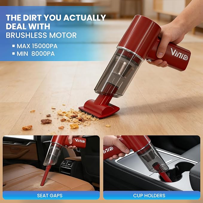 Vinid 8000mAh Cordless Car Vacuum Cleaner, 80W High Power Handheld Vacuum with Strong Suction, Portable Air Duster/Blower, Type-C Fast Charging for Car, Home, Office Desk, Pet Hair, Red