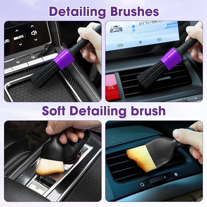 Purple Windshield Cleaner Tool, Car Interior Cleaning Kit with Extendable Handle and 3 Reusable Microfiber Pads, Auto Glass Wiper and Detailing Brush Kit for Car & Home Window