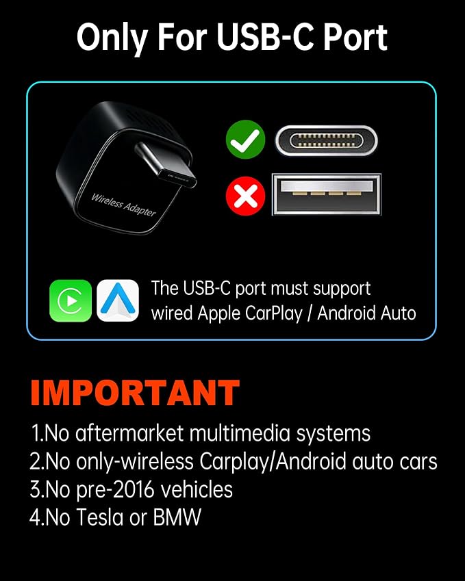 ONINCE Wireless carplay Adapter USB c, Convert Factory Wired CarPlay/Android auto to Wireless, Designed for USB-C Port Cars, Stable Connection