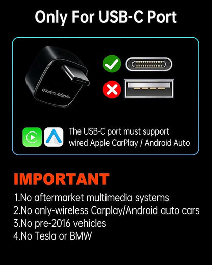 ONINCE Wireless carplay Adapter USB c, Convert Factory Wired CarPlay/Android auto to Wireless, Designed for USB-C Port Cars, Stable Connection