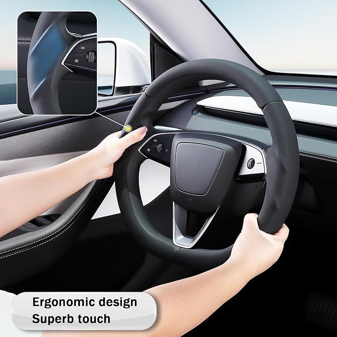 Steering Wheel Cover for Tesla Model 3 2024-Present Highland/Tesla Model Y Juniper 2025-Present, Leather Steering Wheel Cover for Tesla Model 3 Highland/Y Juniper Accessories, Black
