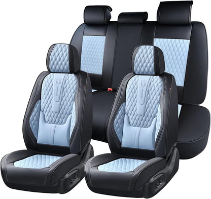 Coverado Full Set Car Seat Covers, Nappa Leather Seat Covers for Car, Waterproof Car Seat Protector with Lumbar Support, Automotive Seat Covers Universal Fit for Most Cars SUV Trucks (Black-Blue)