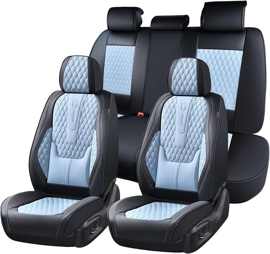 Coverado Full Set Car Seat Covers, Nappa Leather Seat Covers for Car, Waterproof Car Seat Protector with Lumbar Support, Automotive Seat Covers Universal Fit for Most Cars SUV Trucks (Black-Blue)
