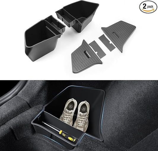 Trunk Storage Bins for Tesla Model Y Juniper, 2-Piece Waterproof Organizer with Lids, Black Side Storage Box, 2025-2026