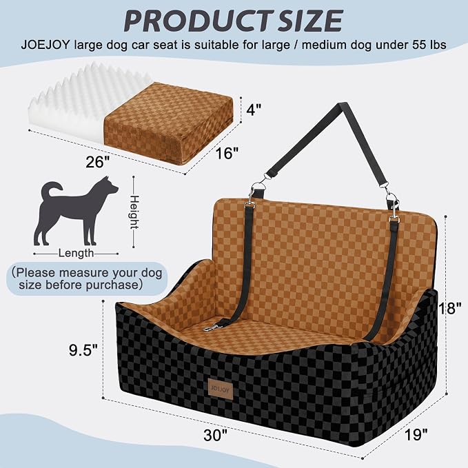 JOEJOY Dog Car Seat for Medium/Large Dogs - Reversible Dual-Sided Travel Dog Car Bed with Memory Foam, Washable Pet Booster Seat for Dogs up to 55 lbs or 2 Small Dogs, 2 Safety Leashes, Brown