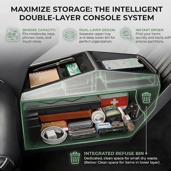 Floor Center Console Organizer for Tesla Cybertruck 2024-2026, Cybertruck Accessories Interior Storage Box, Double Layer Tray Insert, Anti-Slip TPE Console Organizer