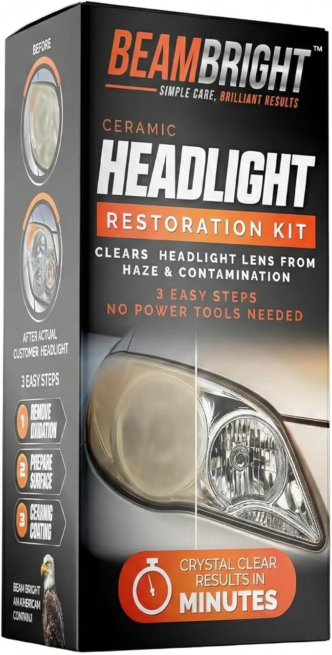BEAM BRIGHT Ceramic Headlight Restoration Kit – Car Headlights Cleaner & Restorer for Cloudy, Yellowed Headlights - with UV Protection for Durable Clarity & Shine - No Power Tools Needed