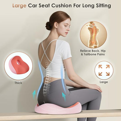 FLORICH Upgrade Large Car Seat Cushion for Long Sitting, Ergonomic Memory Foam Driving Seat Cushion for Back & Sciatica Pain Relief, Non-Slip Washable Seat Cushion for Car, Driver, Office-Pink