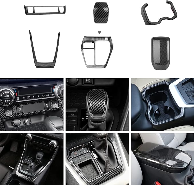 x xotic tech Set Carbon Fiber Style Interior Center Console AC Control Panel Gear Shift Lever Water Cup Holder Armrest Box Accessories Cover Trim Combo Kit, Compatible with Toyota Rav4 2019-2025