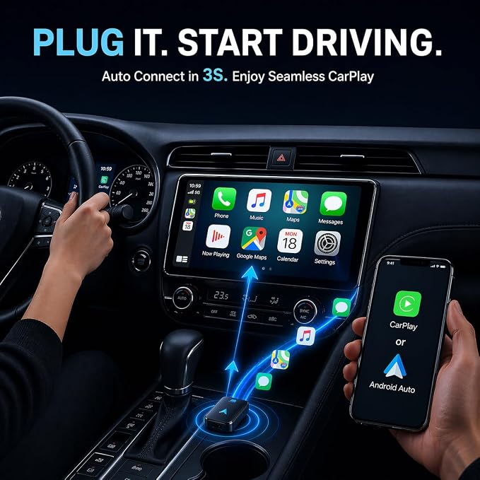 Wireless CarPlay Adapter– Android Auto Wireless Adapter, 5.8GHz Wi-Fi Plug & Play,Mini and Stable iOS 10+/Android 10+, Fast Auto-Connect for Cars 2016+ (1Pcs)