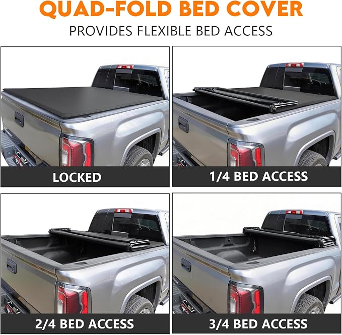 RHOBRA Soft Quad-Fold Truck Bed Tonneau Cover Compatible with 2007-2026 Toyota Tundra with 5.5ft Bed, 26.5oz Vinyl Truck Bed Cover, Weather Resistant Bed Cover