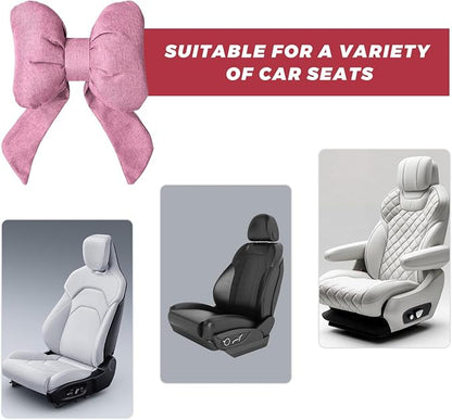 Cute Bow Car Headrest Pillow, Soft Comfortable Bow Auto Seat Pillow with Adjustable Strap, Breathable Ergonomic Neck Support Cushion Bowtie Decoration for Most Vehicles (Pink)