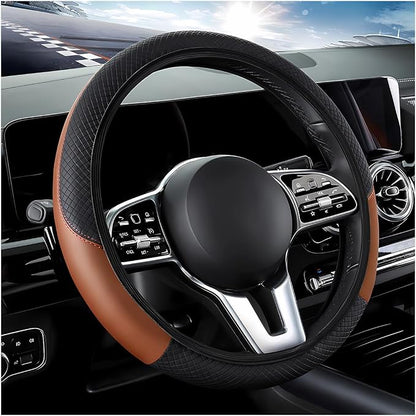 DXNQ Car Steering Wheel Cover, 15 Inch Carbon Fiber Leather Stitching Color Steering Wheel Protector, Anti-Slip Elastic Breathable Steering Wheel Cover Stylish Decor for Most Cars (Black&Khaki, AD)
