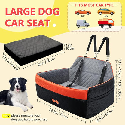 Dog Car Seat for Medium Large Dogs, Detachable Washable Pet Booster Seat with Memory Foam Cushion, Side Pockets, 2 Clip-On Safety Leashes Pet Car Seat for Dog Up to 60 lbs/2 Small Dogs-Black