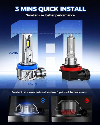 Marsauto H11 H9 H8 Light Bulbs 40,000LM, 6500K Cool White, 1:1 Mini Size, 8X Brightest Fog Bulb, 80000Hrs Lifespan, CANBUS Ready, Plug & Play, Pack of 2