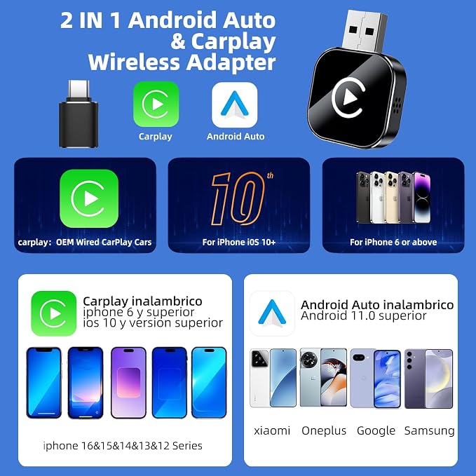 Wireless CarPlay Adapter, 2 in 1 2026 Convert Wired to Wireless CarPlay & Android Auto Adapter, Mini Size with Extension Cable USB & USB-C/Type-C, Stable Car Control & No Delay