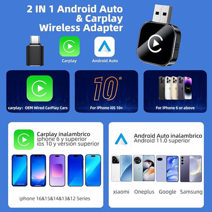 Wireless CarPlay Adapter, 2 in 1 2026 Convert Wired to Wireless CarPlay & Android Auto Adapter, Mini Size with Extension Cable USB & USB-C/Type-C, Stable Car Control & No Delay