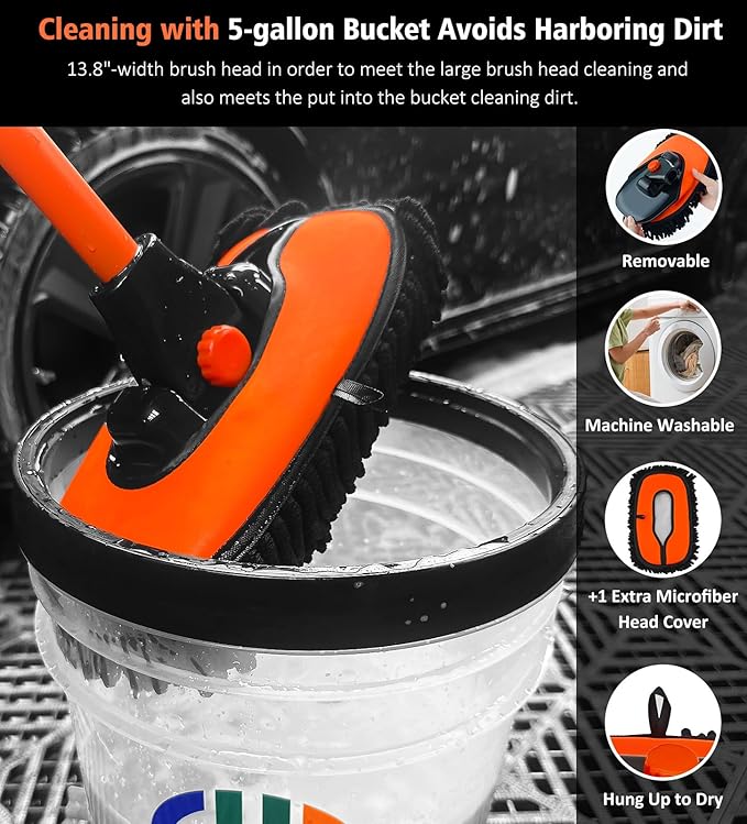 YeewayVeh Car Wash Brush, 43" Extendable Car Wash Brush Mop with Long Handle, 15 Degree Curved Soft Car Washing Brushes with Extra Microfiber Brush Head for Truck SUV Cleaning, Orange
