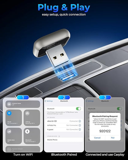 Wireless CarPlay Adapter for Apple iPhone - Upgrade Wired CarPlay to Wireless Device, Mini T-Shaped for Car USB Plug and Play Auto Reconnect, for GPS Navigation Audio Satellite Radio Equipment