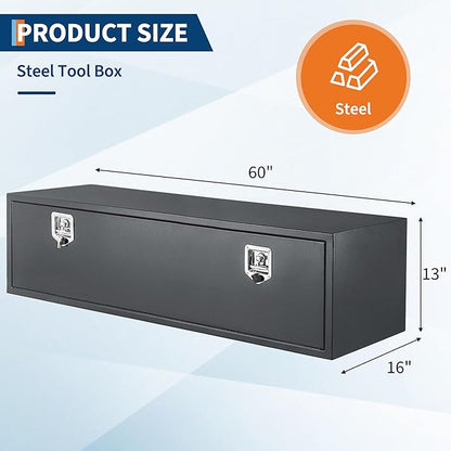 Black Steel Underbody Truck Box, Pickup Storage Box, Heavy Duty Diamond Plate Tool Box with Lock and Keys, Waterproof Trailer Storage Box (60" x 16" x 13"-Grey)