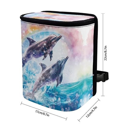 Talayituse Dolphin Rainbow Print Car Trash Can, Portable Auto Garbage Bin Multifunctional Vehicle Interior Accessories with Adjustable Straps Universal Fit Truck SUV Sedan