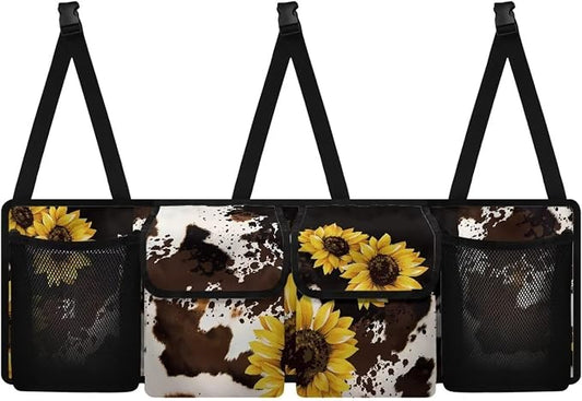 Yellow Sunflower Auto Hanging Seat Back Storage Brown Cow Spots Hanging Cargo Storage Bag for SUVs & Sedans