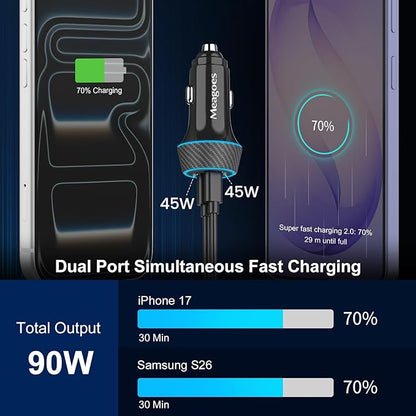 2 Pack 90W USB C Car Charger Super Fast Charging for iPhone 17 Pro Max/Air/16/15/iPad, Samsung S26 Android Phone, Dual 45W PD Port Auto Accessories, 12V Cigarette Lighter Adapter + 5 ft Type C Cord