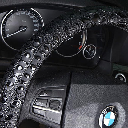 Comfort Leather Auto Car Steering Wheel Cover,Grip Anti Slip 15 Inch,Black Crocodile with Rose Grain