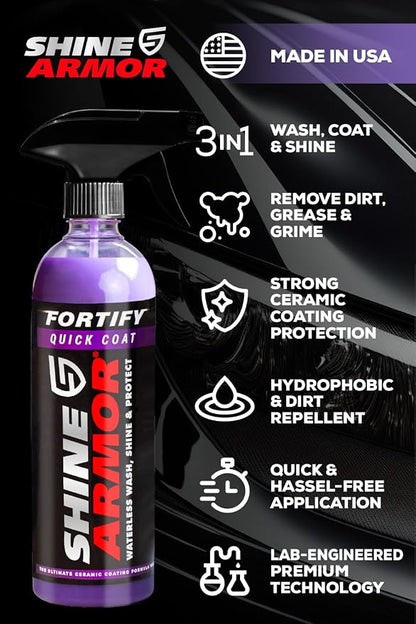 SHINE ARMOR Car Detailing Bundle - Fortify Quick Coat Ceramic Waterless Wash & Interior Cleaner - Complete Automotive Care Kit for Mirror Shine Paint Protection & Deep Interior Cleaning - 2 Pack