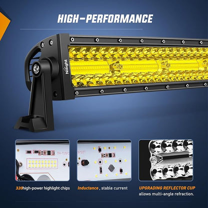 Nilight 42 Inch LED Light Bar 320 LED Chips Yellow Beam Curved Triple Row Fog Light Spot Flood Combo High Power LED Driving Lights Off Road Lights for Trucks SUV UTV ATV Truck Van 4x4 Boat